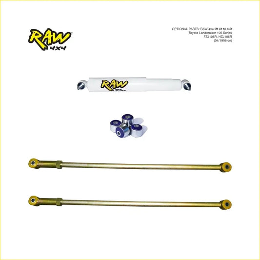 White cylindrical shock absorber with yellow raw 4x4 logo blue silver bushings and gold control arms for toyota landcruiser 105 series lift kit