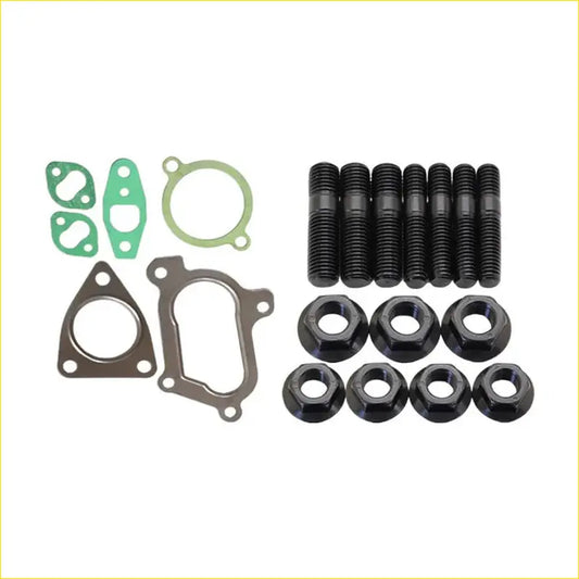 Black coated engine bolts nuts with matching washers and green metallic gaskets for turbo installation on toyota hilux 1kz-te