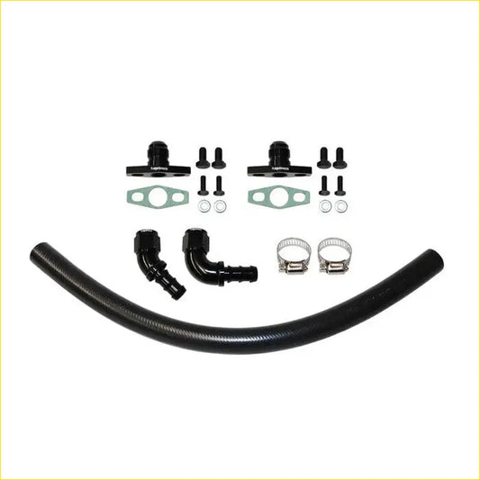 Black rubber fuel line with metal fittings and silver clamps from turbo pros turbo oil return line kit for ford falcon xr6 barra