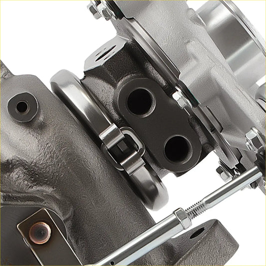 Gray metallic turbocharger with matte finish and bolted connections for Lincoln MKS MKT Ford Taurus Flex 3.5L right side