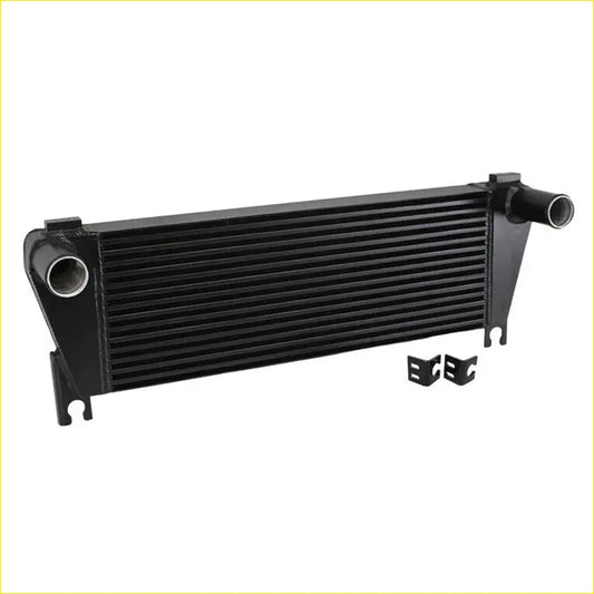Black aluminium 70mm upgrade intercooler with ribbed core and brackets for ford ranger 3.2l shown from back side