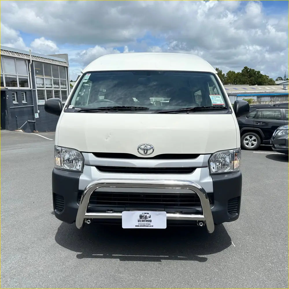 White toyota hiace van with chrome bull bar and black front bumper featured in toyota prado 150 accessories nz 2026 guide