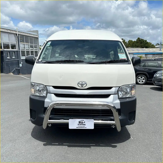White toyota hiace van with chrome bull bar and black front bumper featured in toyota prado 150 accessories nz 2026 guide