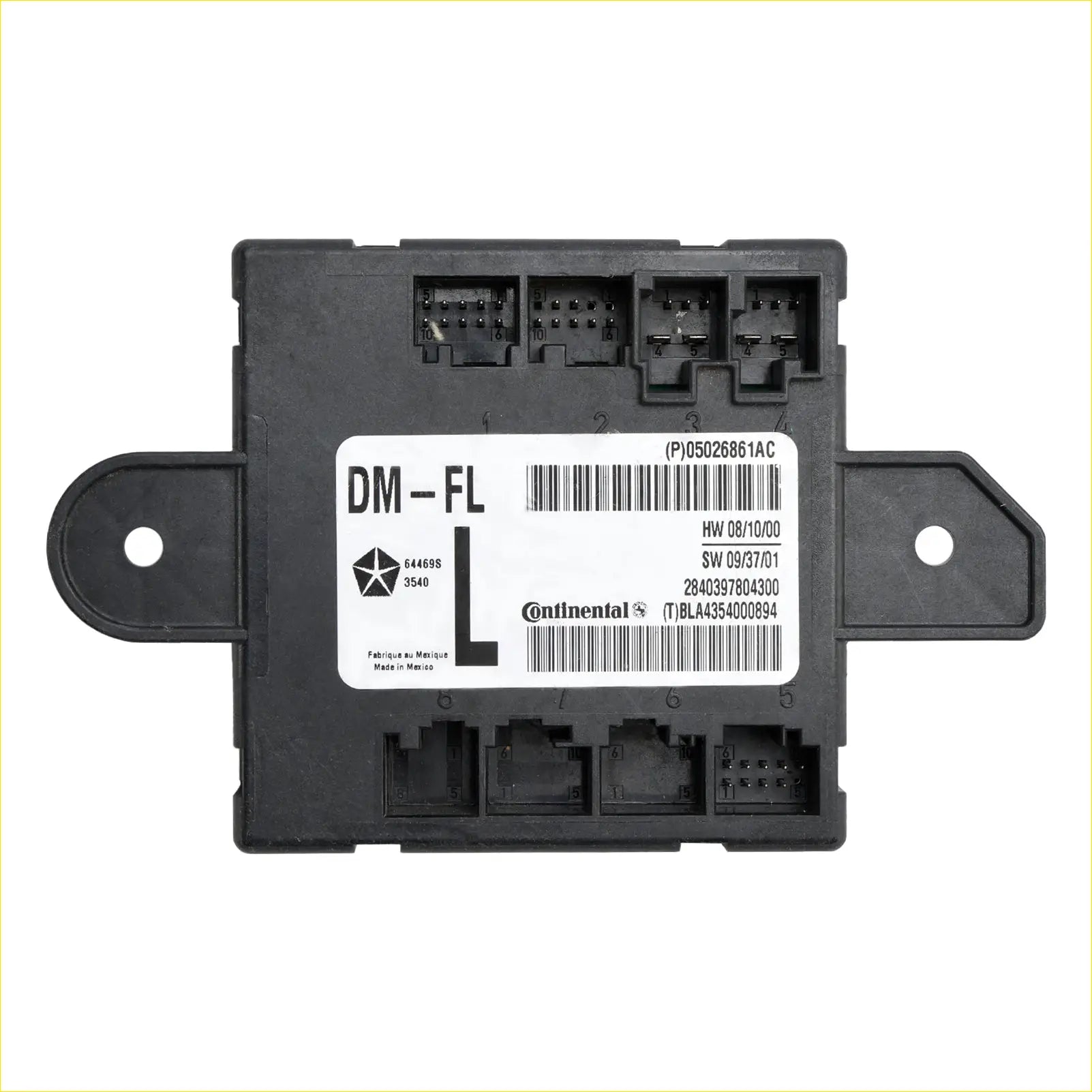 Black plastic front left driver door module with electrical connectors and continental label for dodge chrysler 2007-2020