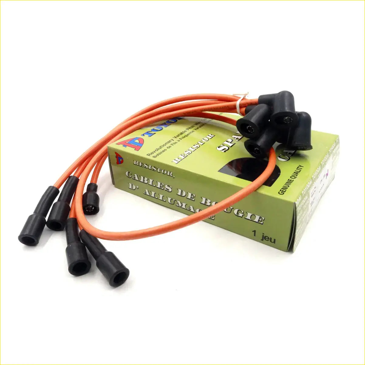 Orange ignition coil wires with black rubber boots in green toyota resistor box for 1.5l nissan datsun 620 spark plug wire