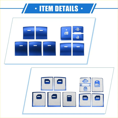 Blue and white glossy keyboard keycaps with printed icons for 10 x car window switch button cover trim toyota sienna