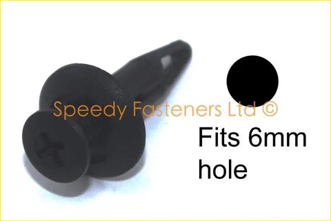 Black plastic push fit fastener with rounded head and tapered shaft for 6mm holes in land rover discovery bumpers