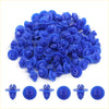 Bright blue plastic wheel flare trim clips for Toyota shown from the back side in a pack of 100 pcs