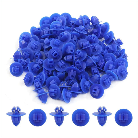 Bright blue plastic wheel flare trim clips for Toyota shown from the back side in a pack of 100 pcs