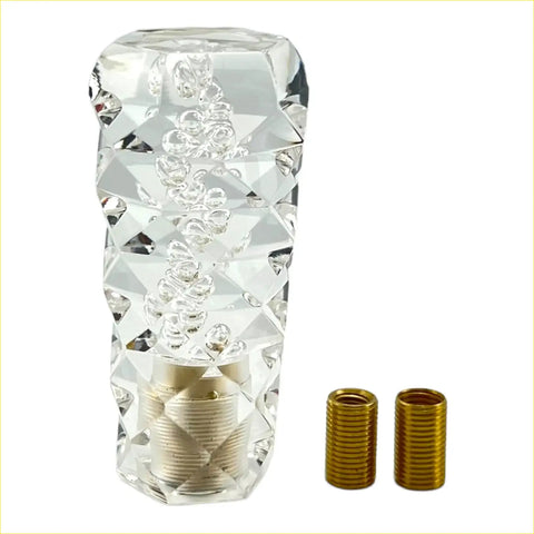 Clear crystal resin diamond hex gear knob with faceted design and gold threaded base for car shifting