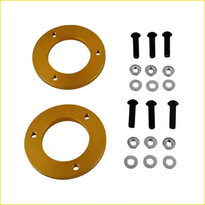 Gold-colored aluminium 10mm strut spacers with black bolts and silver washers for toyota prado 90 series lift kit