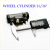 Gray metallic 11/16 rear wheel brake cylinder for mazda b1600 b2600 with black rubber boots and threaded ports measured at 53.17mm