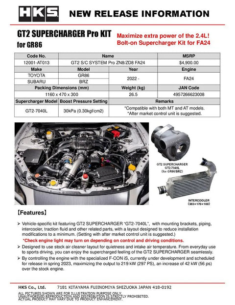 HKS GT2 Bolt On Supercharger Pro Kit (BRZ/GR86 22+) — fits Toyota Gr86