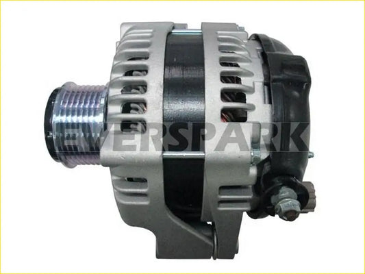 Silver and black 130 amp automotive alternator with ribbed cooling fins and threaded output shaft for toyota hiace/hilux diesel