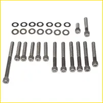 Set of 14 stainless steel metallic bolts and washers neatly arranged for holden 253 304 308 v8 torana timing cover