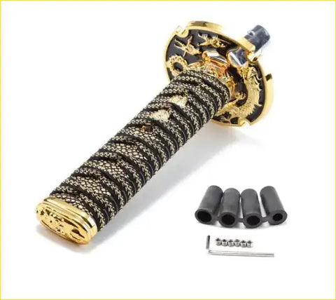 15cm black and gold katana samurai gear knob with golden dragon sword hilt and black textured wrapping