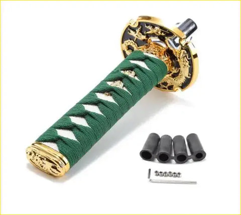 15cm green katana samurai gear knob with green wrapped sword hilt gold dragon embossed metal fittings and black accessories