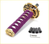 15cm purple katana samurai gear knob with gold dragon metal fittings and black cylindrical accents