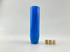 15cm resin blue metallic gear knob with a bright blue glossy finish and three matching brass-colored threaded inserts beside it