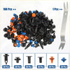 A pile of 180 black orange and blue plastic retainer fastener clips with metal pry tool for toyota 4runner trim