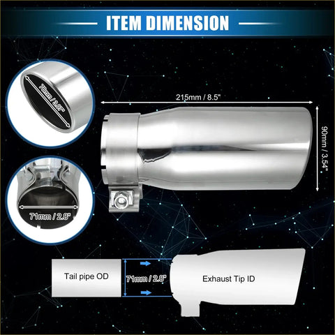 Shiny chrome exhaust tip with flared end and threaded clamp for 2.8 inch inlet 8.5 inch length toyota tacoma