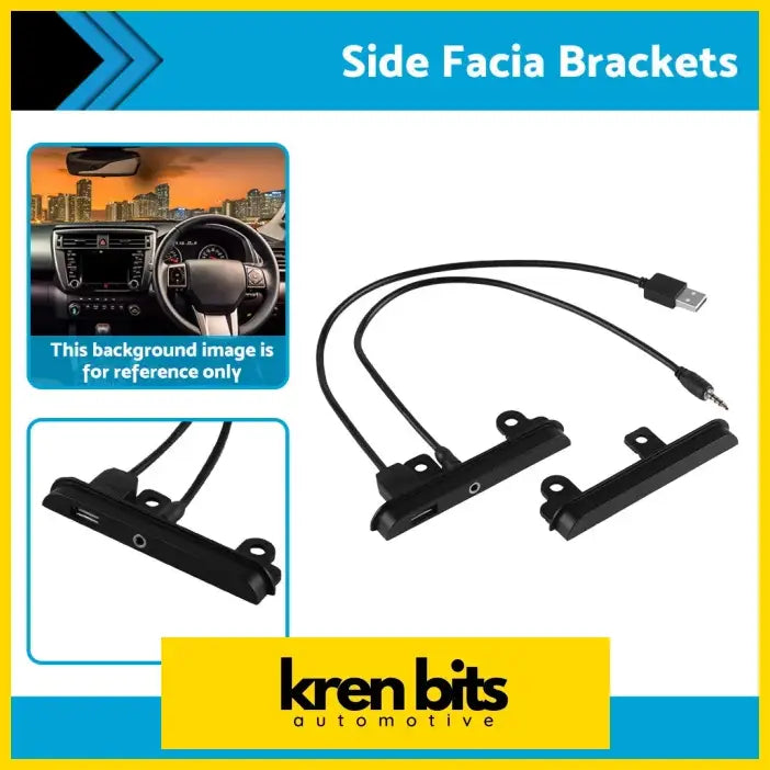 Black plastic 2 din fascia side brackets with integrated usb and 3.5mm aux jacks for car installation