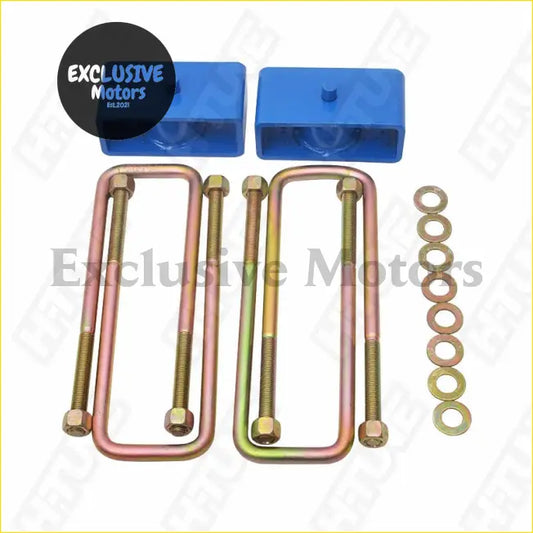 Blue plastic u-bolt mounting blocks with metal u-bolts and washers for 2 inch rear suspension block lift kit Nissan Navara D40