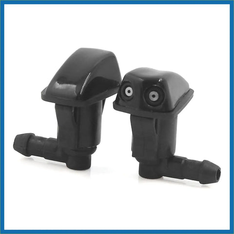 2 x black dual hole plastic windshield washer nozzles with glossy finish and eye-like details for toyota 4wd ute offroad