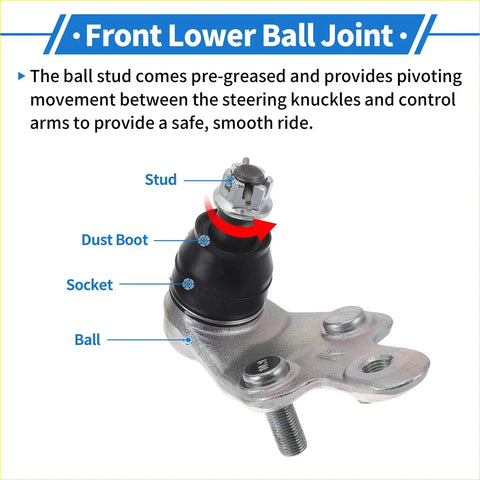 Silver metallic front lower ball joint with black rubber dust boot and threaded stud for toyota avalon 2005-2018