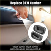 Close up of black plastic gray interior door handle pulls for toyota with oem replacement part numbers visible