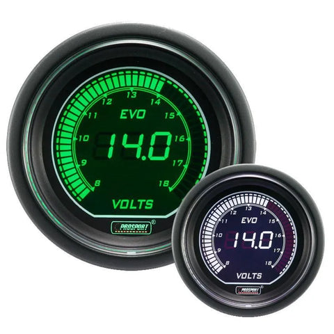 ProSport 52mm Electrical 'Evo' Volt Gauge - Green/White Digital Display