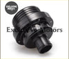 Black metallic 25mm turbo blow off valve with dual piston and blanking plug showing threaded sections and bolted flanges