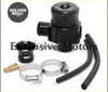 Black plastic 25mm universal dual port blow off valve with textured top cap and threaded ports shown with hoses and clamps