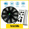 Black plastic 9inch 12v 80w electric radiator fan with green button and blue wiring for automotive cooling fits mounting kits