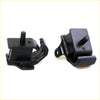 Black metal engine mount brackets with matte finish and molded plastic components for nissan 1985-1999 shown from back side