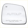 Black-framed heated mirror glass for 2011-2022 dodge with clear reflective surface and safety warning text visible