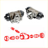 3/4 rear wheel brake cylinder for Mitsubishi Colt Plus with metallic body black rubber caps and red internal schematic diagram