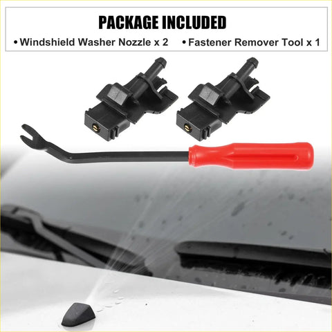 Black plastic front windshield washer nozzles for Toyota 4Runner 2010-2017 with red-handled fastener remover tool