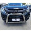 Shiny chrome 304 stainless steel nudge bar mounted on a dark blue Mazda BT-50 pickup truck 2012-2020 model