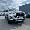 Silver toyota hilux pickup with 304 stainless steel medium size nudge bar chrome bull bar and roof rack