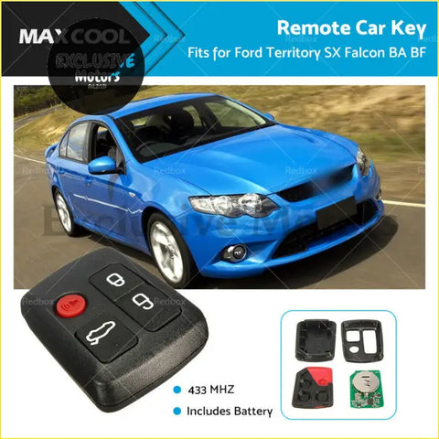 Black 4 button remote car key with red button and white icons for ford territory sx falcon ba bf models