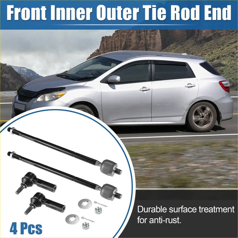 Black front inner and outer tie rod ends 4 piece set with durable anti-rust surface for toyota matrix 2003-2008