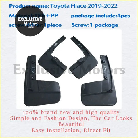 Black plastic 4-piece mudguards for toyota hiace 2019-2022 with simple direct fit shown from back side