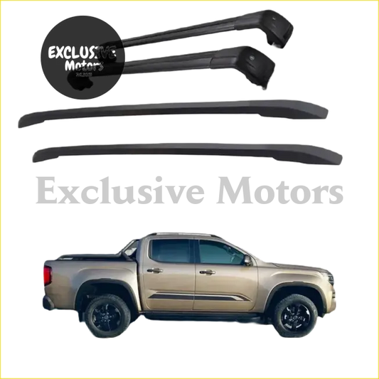 Black metal roof rail rack bars for vw amarok 2023 2024 pickup trucks shown from the back side