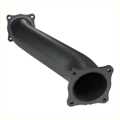 Black metal exhaust manifold with flanged ends and bolt holes for 4 inch redback extreme duty offset muffler delete