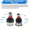 Silver metal ball joints with black rubber dust boots and threaded studs for front upper and lower steering on toyota tacoma