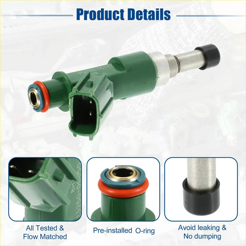 Green plastic fuel injector with metallic shaft and black cap featuring pre-installed o-rings for toyota hilux vigo