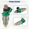 Green and silver fuel injector nozzles with brass fittings for toyota paseo 1.5l 1994-1999 shown from the back side