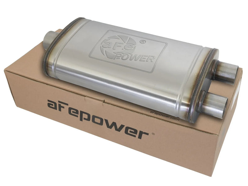 aFe MACH Force-Xp 3" to 2.5" 409 Stainless Steel Muffler - 3" Center Inlet /2.5" Dual Outlets, 22"L x 11"W x 6"H Body