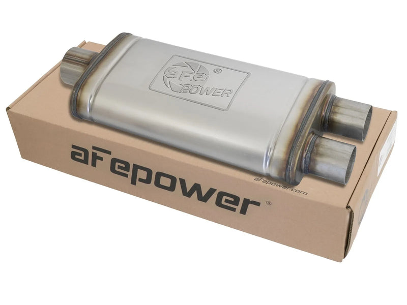 aFe Mach Force-Xp 3" to 2.5" 409 Stainless Steel Muffler - 3" Center Inlet /2.5" Dual Outlets, 18"L x 9"W x 4"H Body